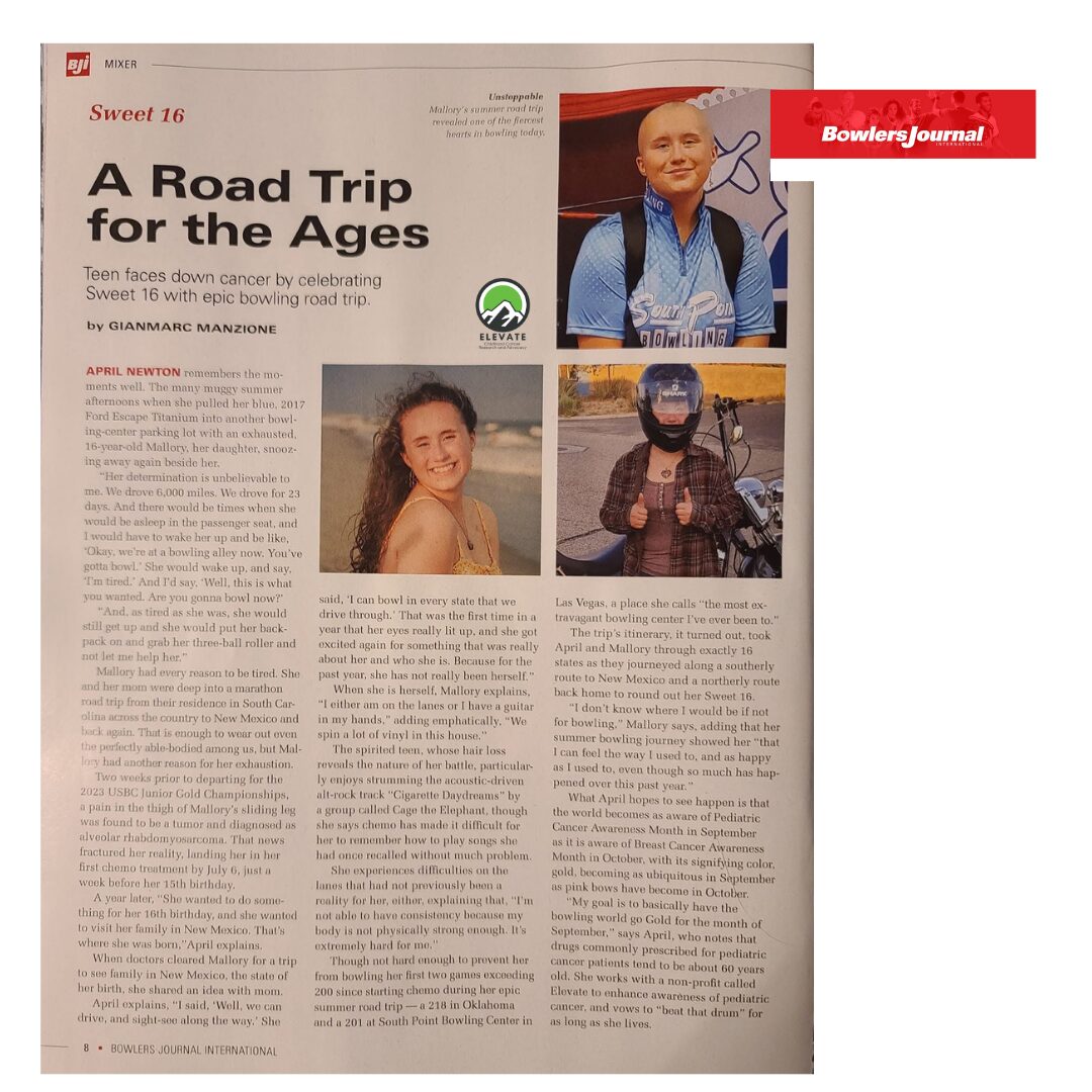 Bowlers Journal International magazine. Rhabdo survivor, Mallory Newton. Junior Bowler. Rhabdomyosarcoma, a pediatric cancer, advocate.