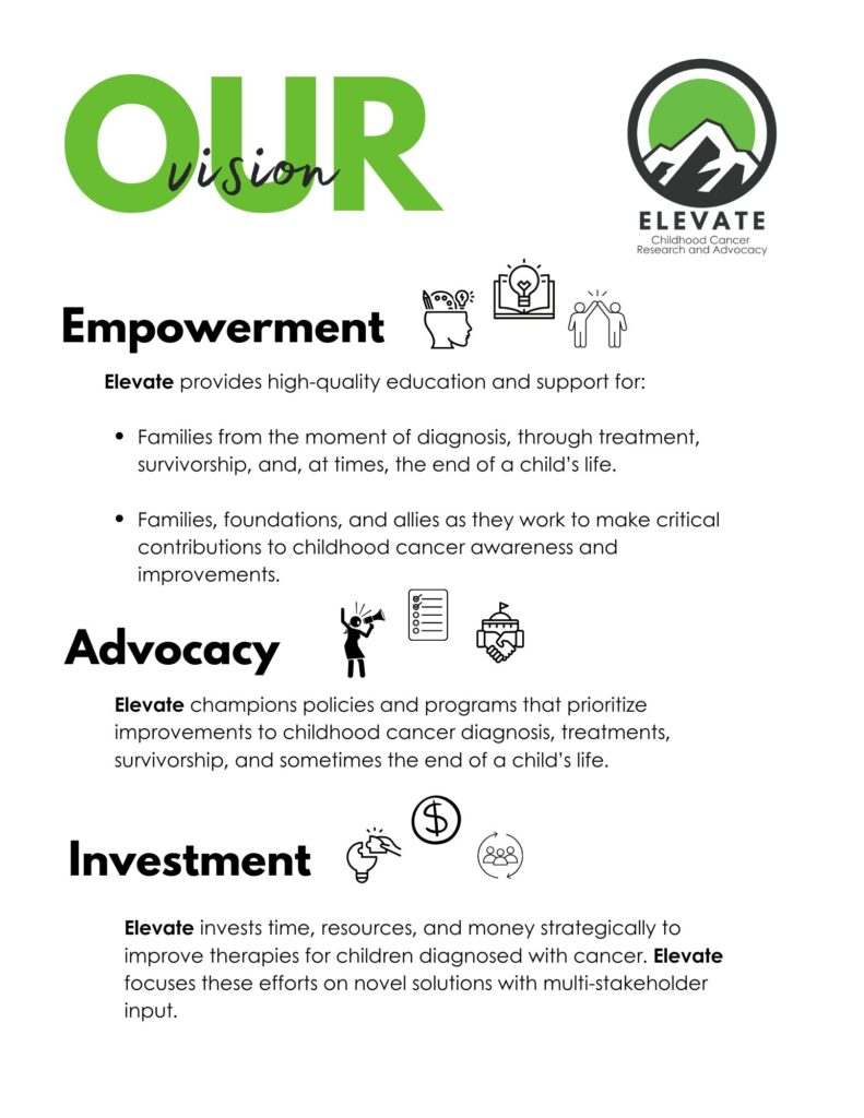 Vision statement of Elevate's goals that include empowering advocates, stakeholders, providing education and advocating for those diagnosed with childhood cancer. Investing in those diagnosed with pediatric cancer. Diagnosis, treatment, survivorship and end of life as it may be.
