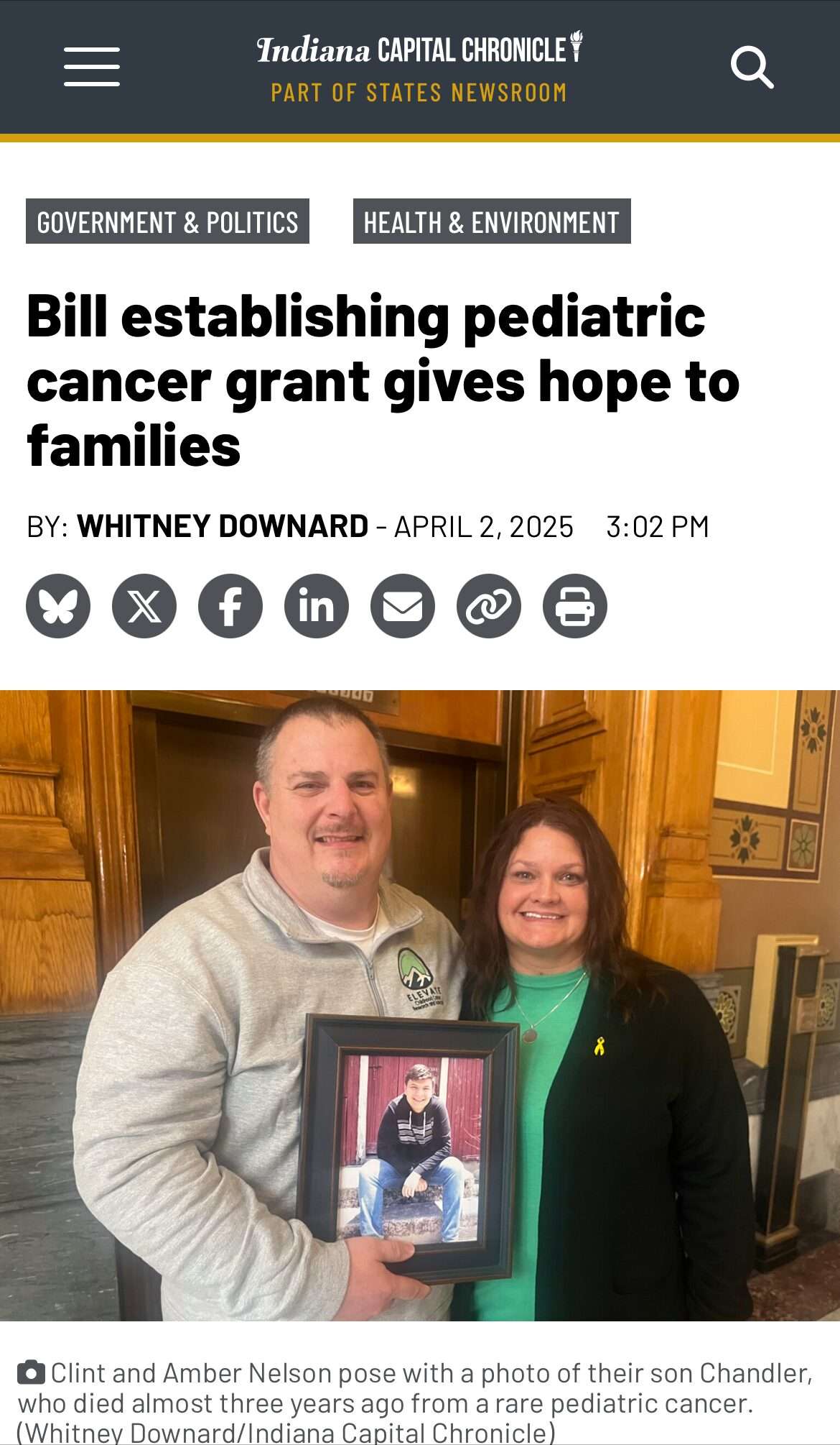 Clint and Amber Nelson share the need for funding pediatric cancer research at the state level in Indiana. They share their son, Chandler, an Elevate Voices, and Elevate Childhood Cancer advocate who died with alveolar rhabdomyosarcoma with others.