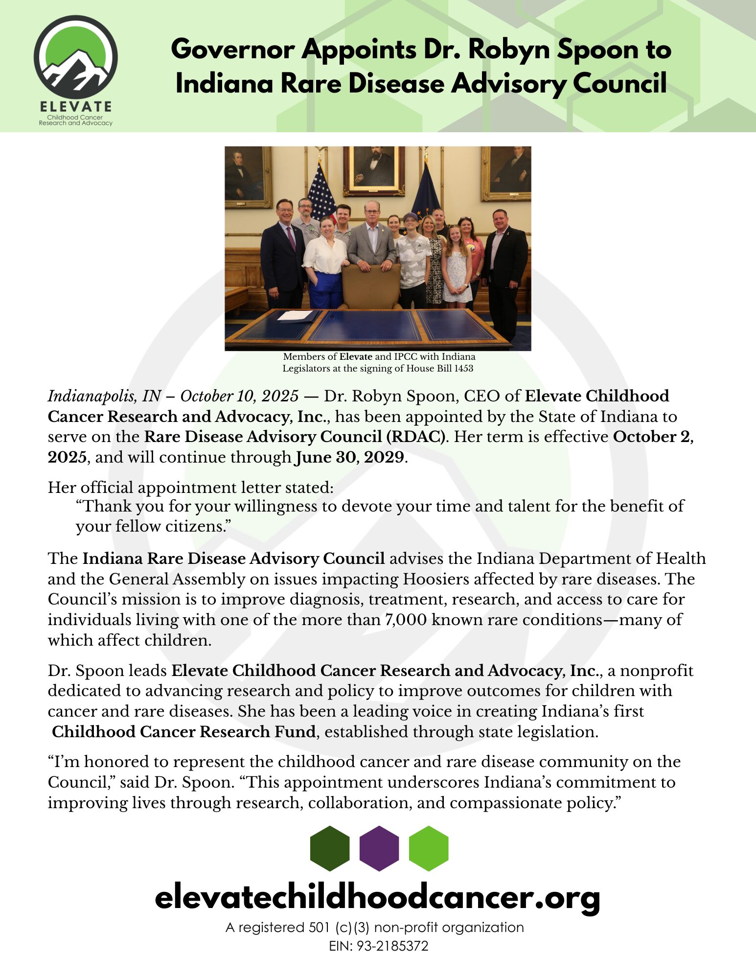Press Release, Indiana Rare Disease Advisory Council, Elevate Childhood Cancer Research and Advocacy, Dr Robyn Spoon, CEO and Founder.