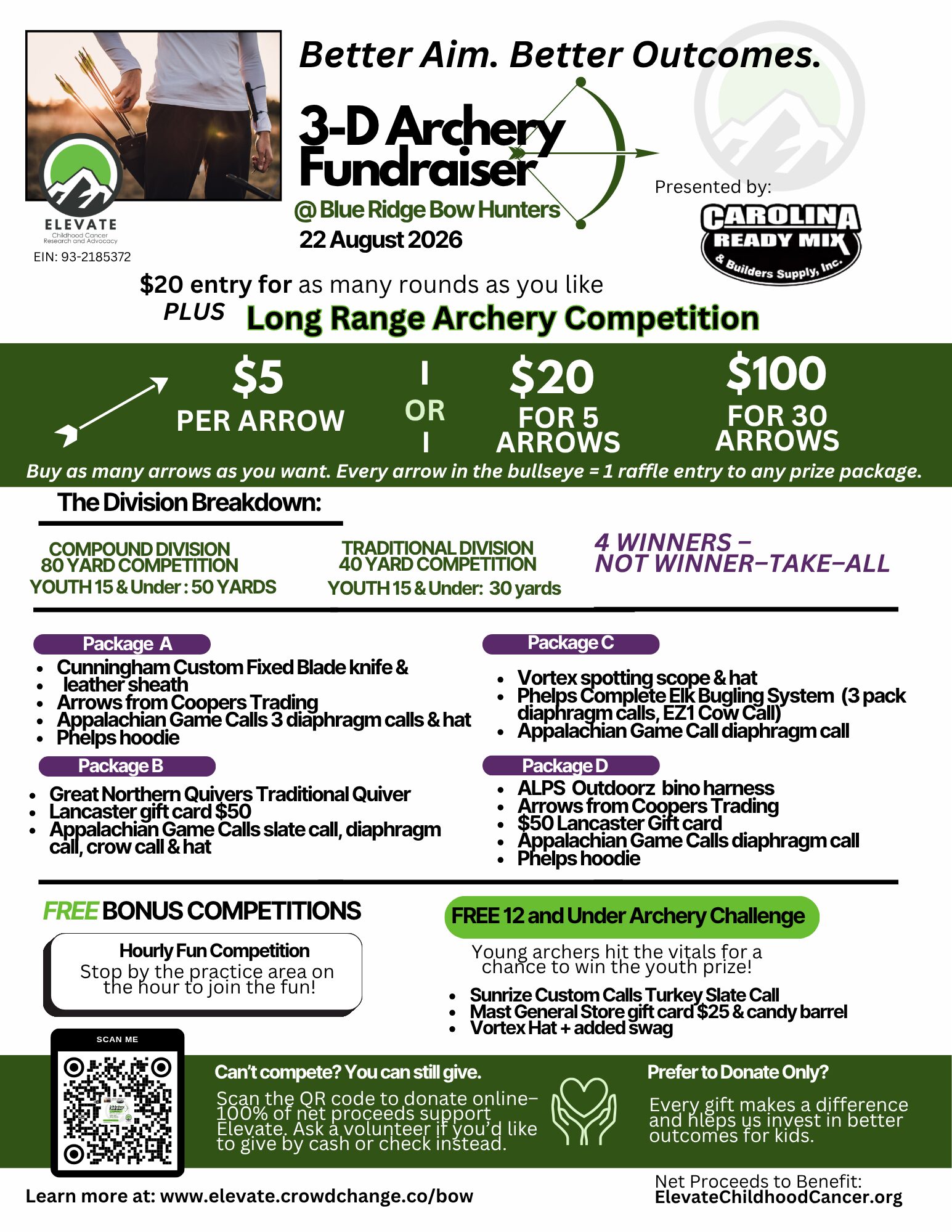 Better Aim. Better Outcomes. 3-D Archery Fundraiser in North Carolina to benefit Elevate and pediatric cancer.