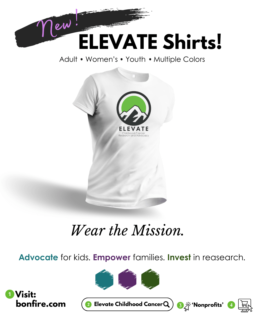 Elevate t-shirt, childhood cancer awareness gear, visit bonfire to order