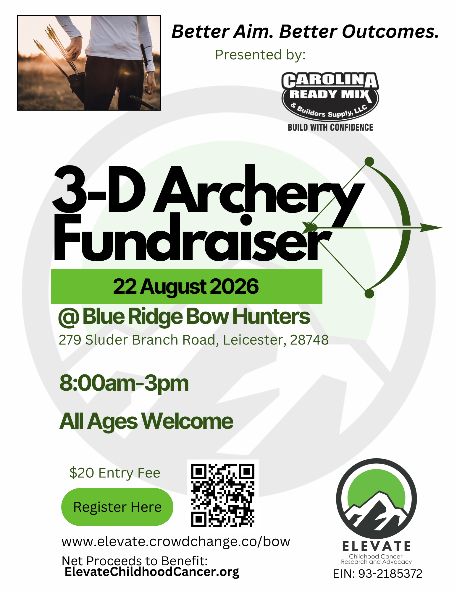 3D Archery fundraiser at Blue Ridge Bow Hunters in Asheville, NC to benefit, Elevate Childhood Cancer Research and Advocacy.